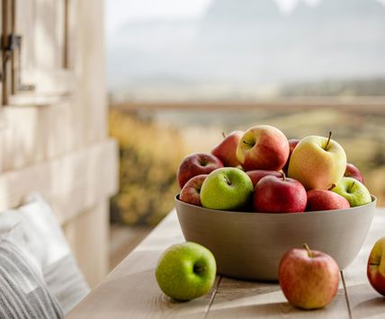 Ciotola di frutta con mele di varie qualità su tavolo di legno, panorama montano sullo sfondo